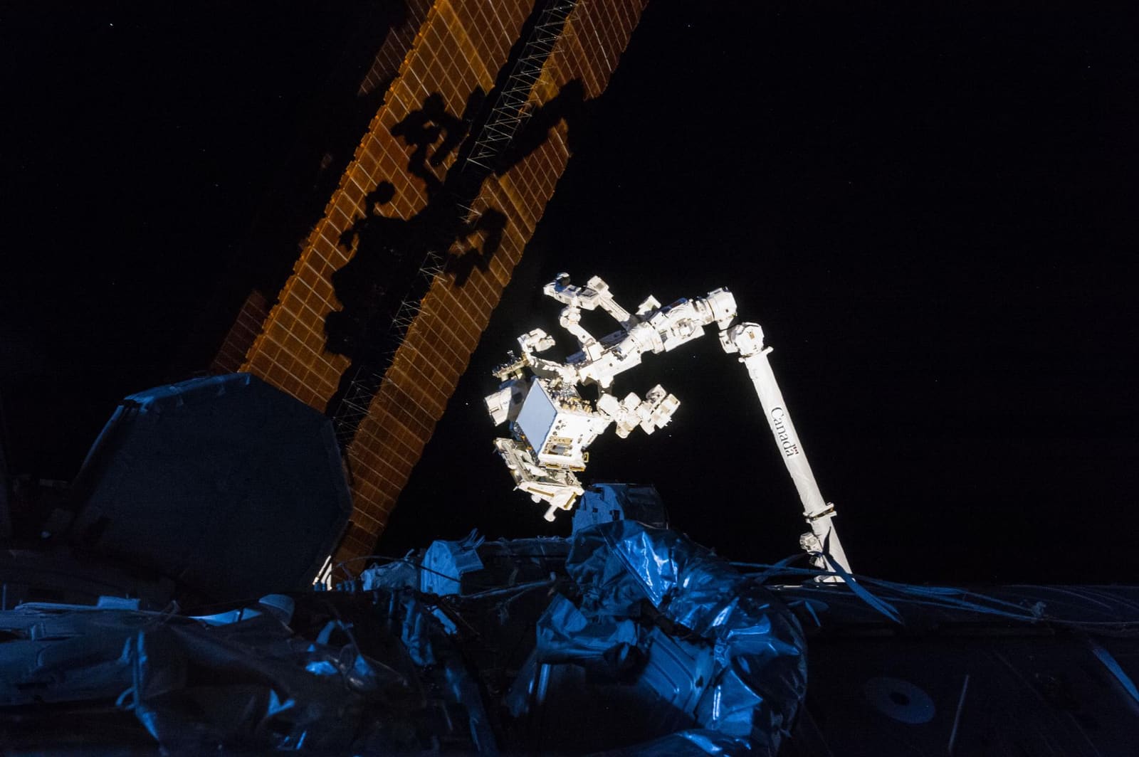 The space station's robotic arm, with Canada's Dextre robot on its end, lit against black space beside a solar array